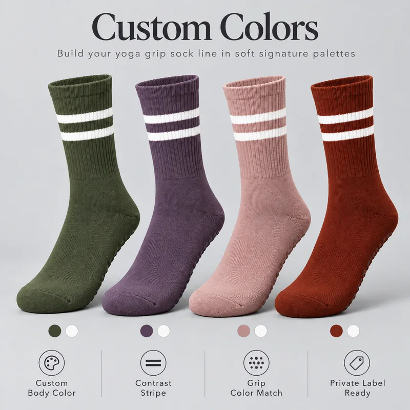 Olive green, muted plum, dusty rose and rust yoga socks with contrasting white cuff stripes and colour matching references