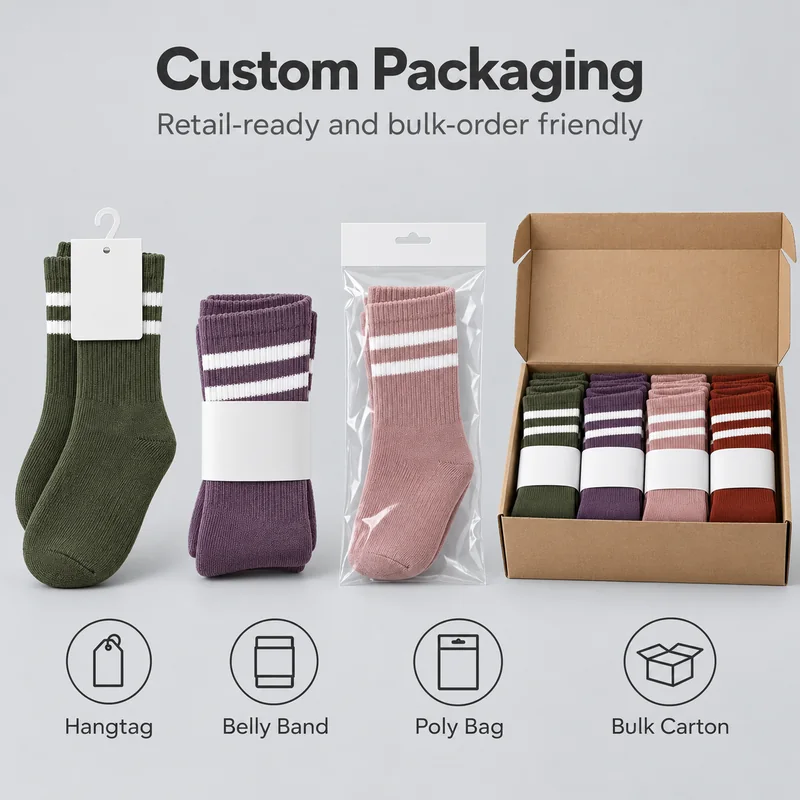 Striped crew yoga grip socks with hangtag, belly band, clear polybag and bulk carton packaging examples