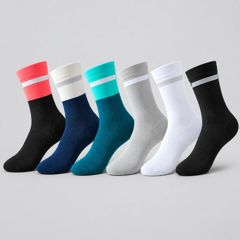 Crew cycling socks with a single cuff stripe in coral and black, cream and navy, turquoise and teal, grey, white and black colourways