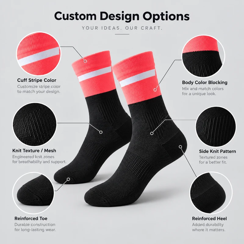 Coral and black crew socks with close-ups of the cuff stripe, body colour blocking, knit texture, side knit, toe and heel