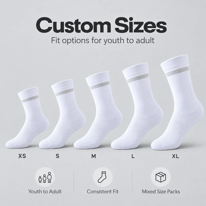 White cuff-stripe crew socks with XS, S, M, L and XL size reference labels for youth to adult size planning