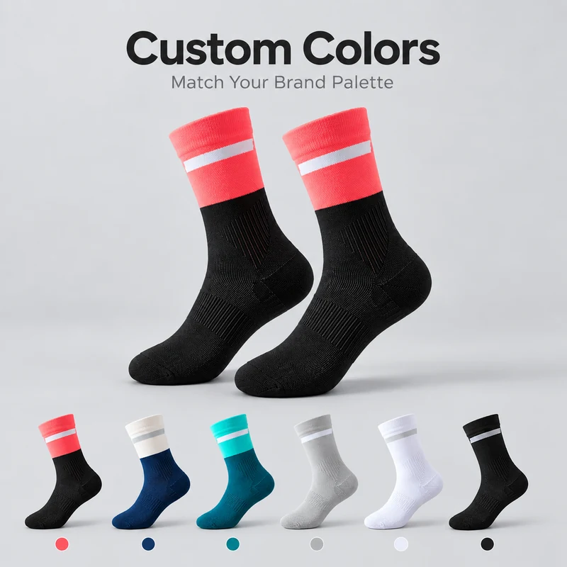 Coral and black cuff-stripe cycling socks with cream and navy, turquoise and teal, grey, white and black colourway examples