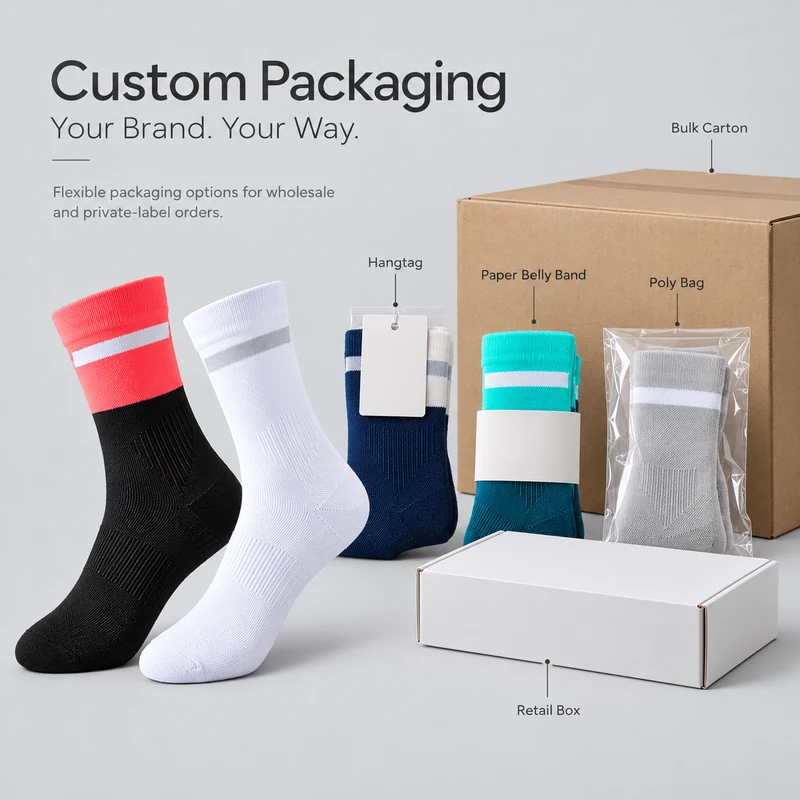 Cuff-stripe cycling socks with hangtag, paper belly band, poly bag, retail box and bulk carton packaging examples