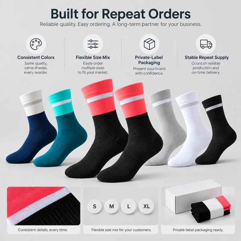 Cuff-stripe crew sock colourways with stripe detail, size mix and private label packaging illustrations for repeat orders