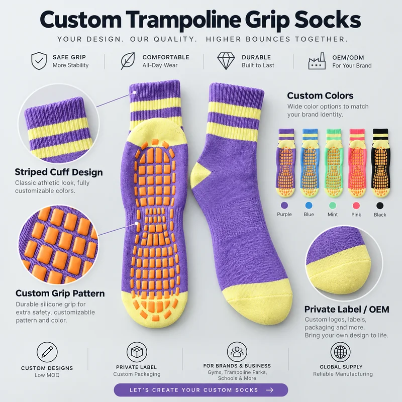 Purple and yellow trampoline grip socks with close-ups of the striped ribbed cuff, orange rectangular grip pads and contrast toe, alongside five colour references