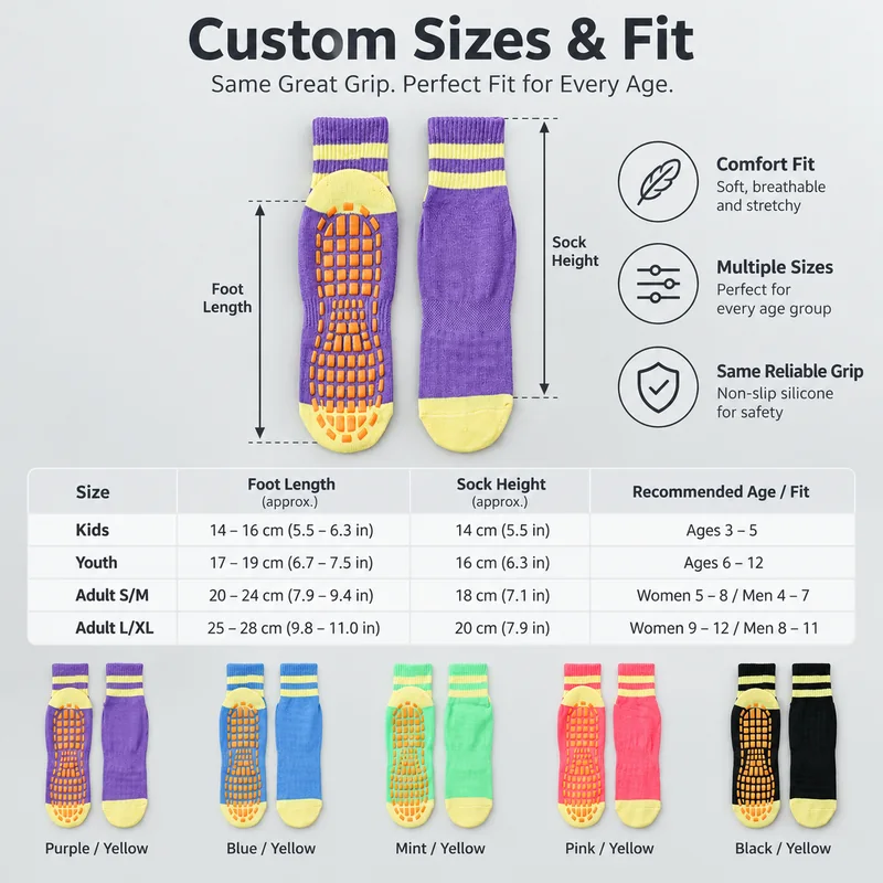 Trampoline grip socks with an illustrative kids, youth, adult small-medium and adult large-extra-large chart showing foot length and sock height