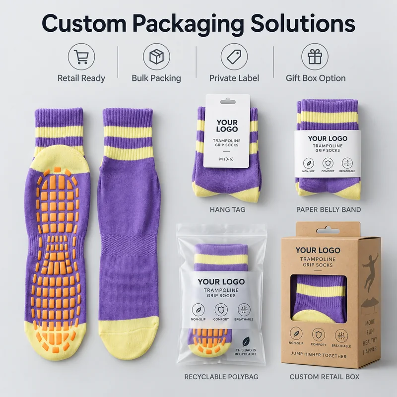 Purple striped trampoline grip socks with illustrated custom hang tags, paper belly bands, a clear bag and a window retail box