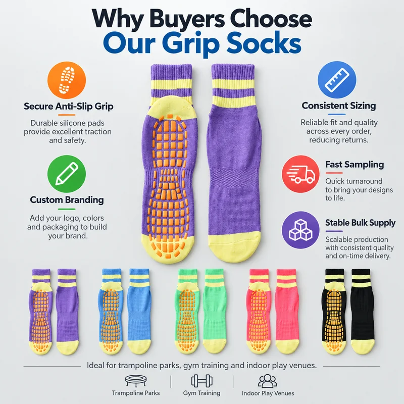 Purple trampoline socks showing orange sole grip pads, with five colourways and illustrations for branding, sizing, sampling and bulk supply