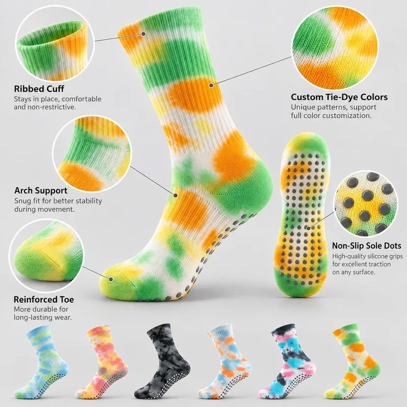 Tie-dye crew grip sock construction reference with close-ups of the ribbed cuff, arch knit, toe, round silicone grip dots and colour effects
