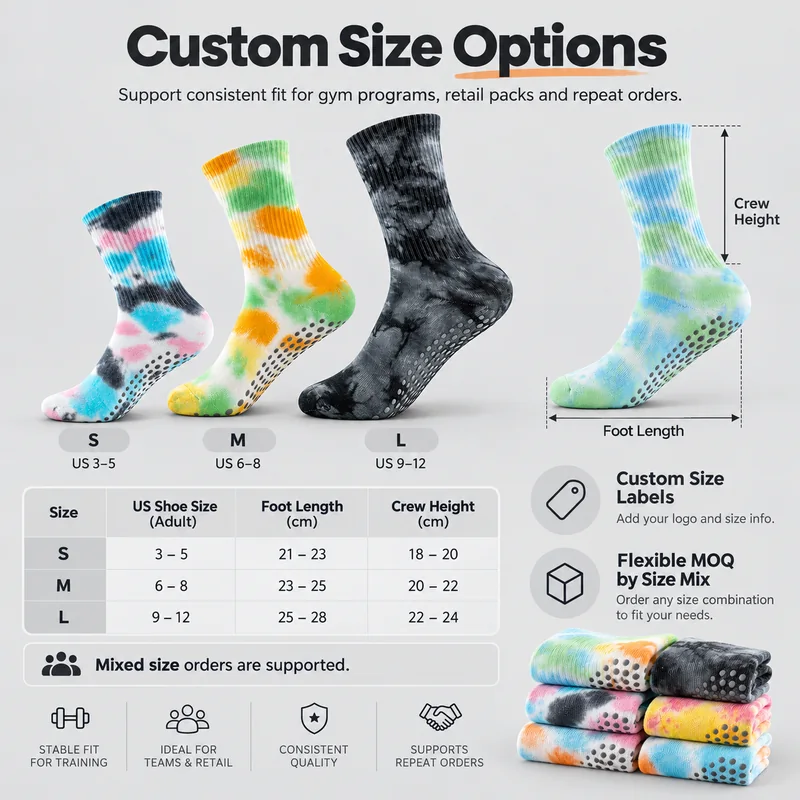 Tie-dye crew grip sock size chart showing S at 21 to 23 cm foot length and 18 to 20 cm crew height, M at 23 to 25 cm and 20 to 22 cm, and L at 25 to 28 cm and 22 to 24 cm