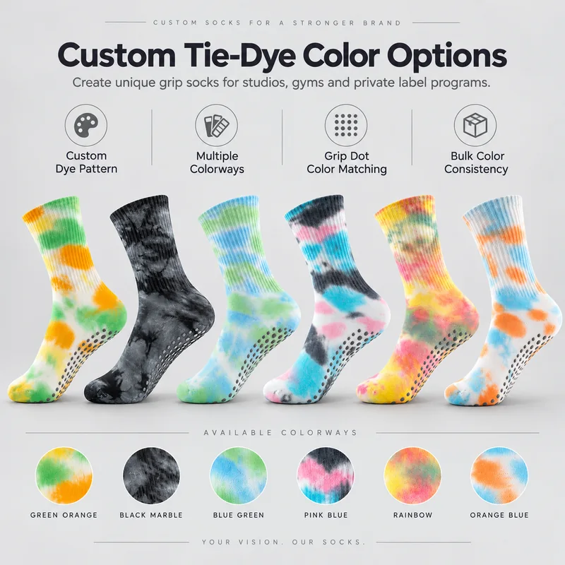 Six labelled tie-dye crew grip sock colour references: Green Orange, Black Marble, Blue Green, Pink Blue, Rainbow and Orange Blue