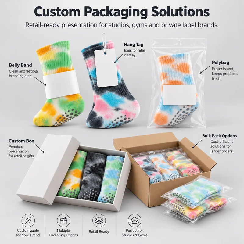Tie-dye crew grip socks with belly band, hang tag, polybag, custom box and bulk carton packaging references