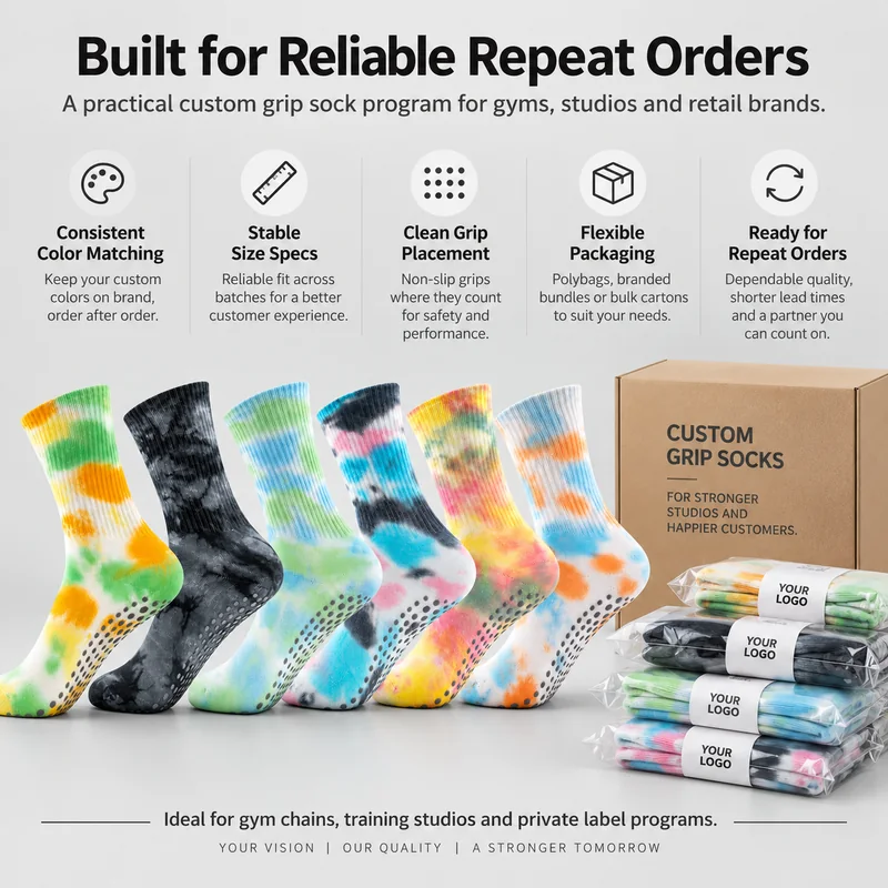 Tie-dye crew grip sock replenishment reference covering colour matching, size specifications, grip placement, packing and repeat bulk orders