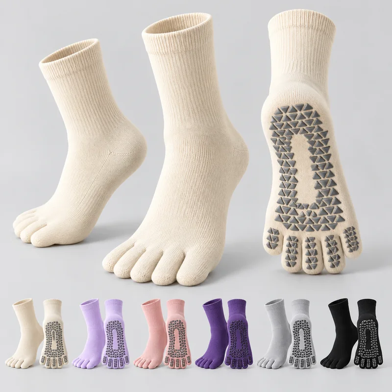 Ivory five-toe crew socks shown from the upper, heel and sole, with grey triangular grip pads under the sole and toes and an unprinted central sole area