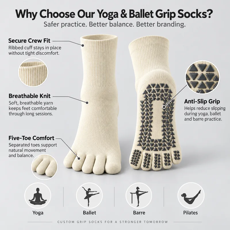 Ivory five-toe socks with close-ups of the ribbed cuff, knit and triangular grip, alongside yoga, ballet, barre and Pilates activity references