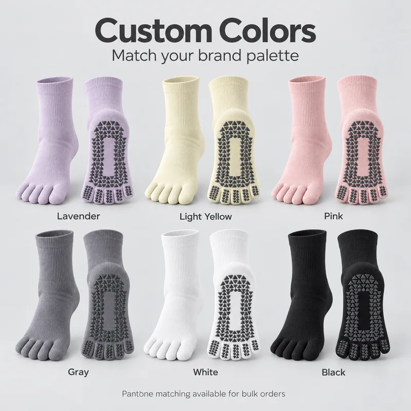 Five-toe grip sock colour chart showing lavender, light yellow, pink, grey, white and black in upper and sole views