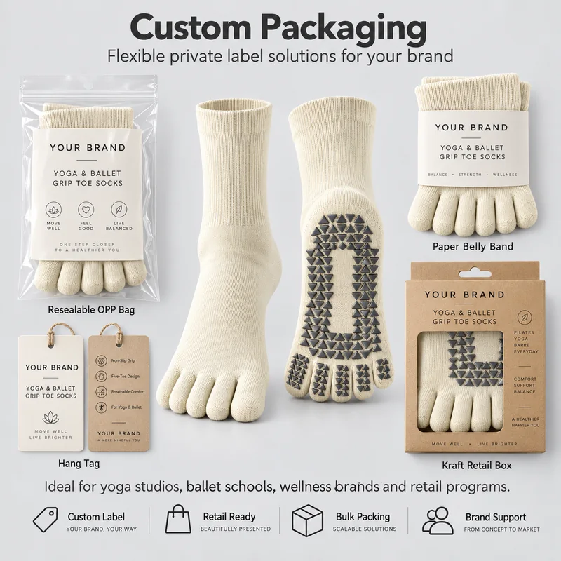 Ivory five-toe grip socks with resealable OPP bag, paper belly band, hang tag and kraft retail box packaging references