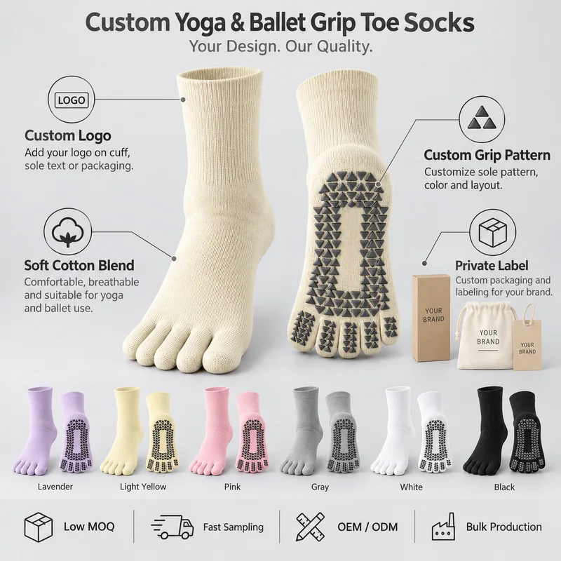 Five-toe yoga socks with cuff logo and grip artwork positions, a cotton-blend material direction, six colour references and private label packaging options