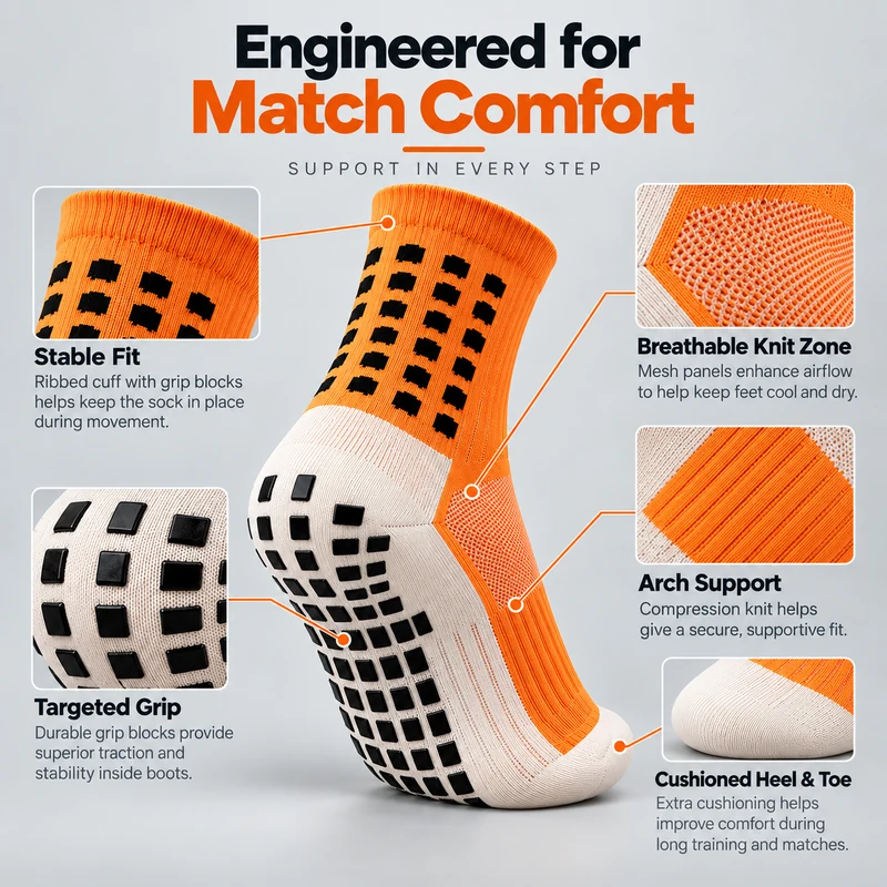 Orange two-tone football grip sock showing the ribbed cuff, block-pattern leg detail, mesh zones, arch knit and sole grip pads