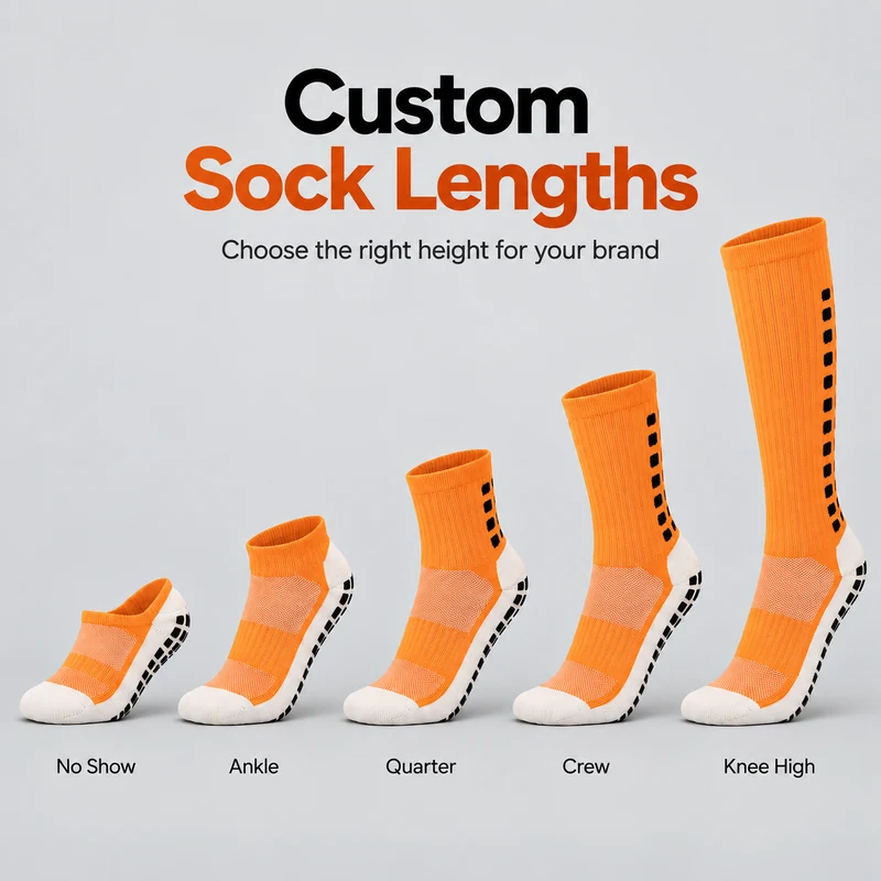 Orange football grip sock height concepts from no show and ankle to quarter, crew and knee high