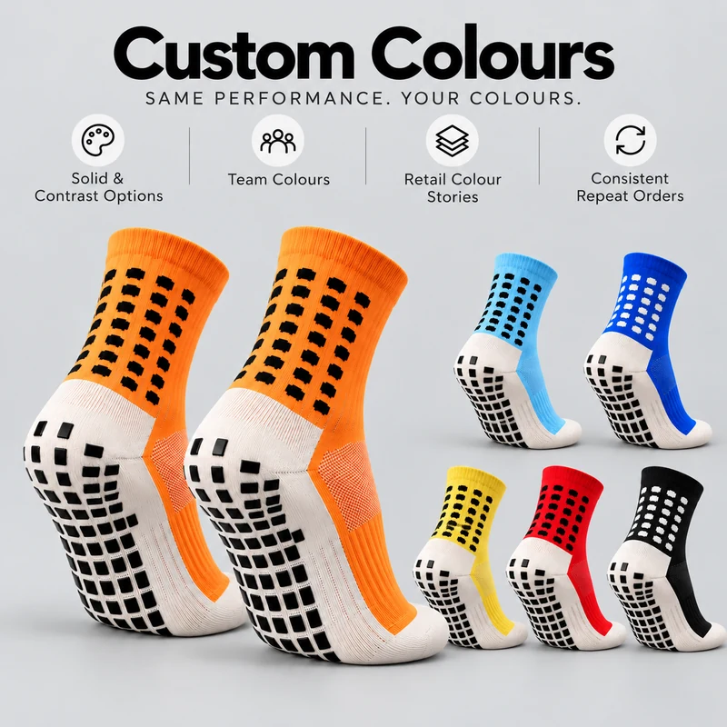 Orange two-tone football grip socks with sky blue, royal blue, yellow, red and black colour options