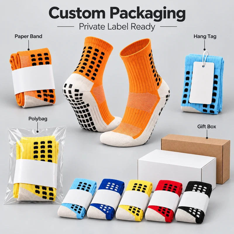 Two-tone football grip socks with paper bands, hangtags, polybags and gift box packaging examples