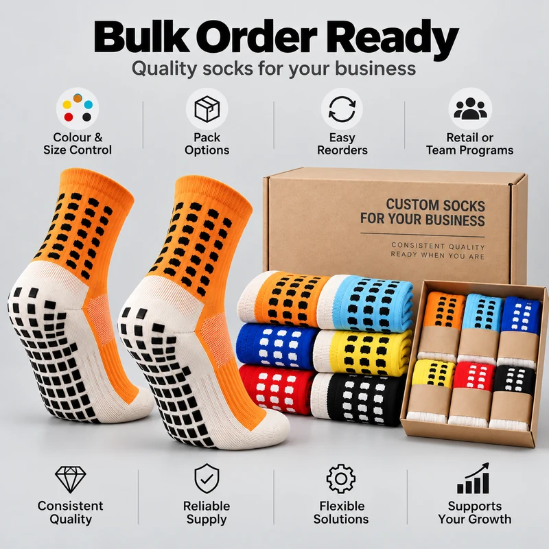 Two-tone football grip socks arranged as colour assortments, folded pairs and boxed packs for bulk orders