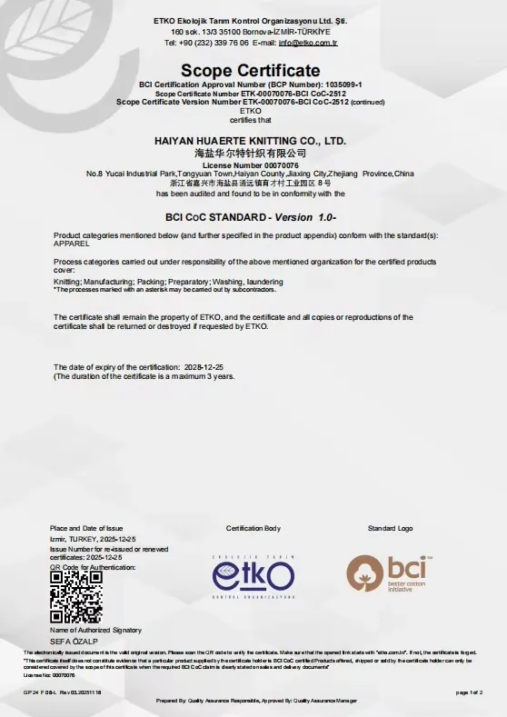 Better Cotton Chain of Custody document for Haiyan Huaerte Knitting Co., Ltd.