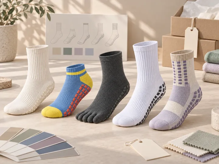Custom grip sock development samples displayed with color and packaging references
