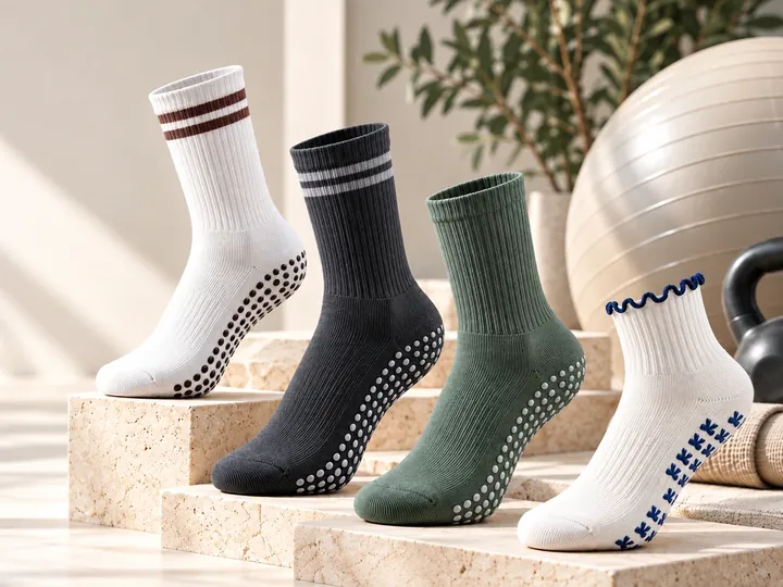 White, charcoal and sage crew grip socks with an ivory scalloped-cuff yoga sock displayed upright on warm stone platforms