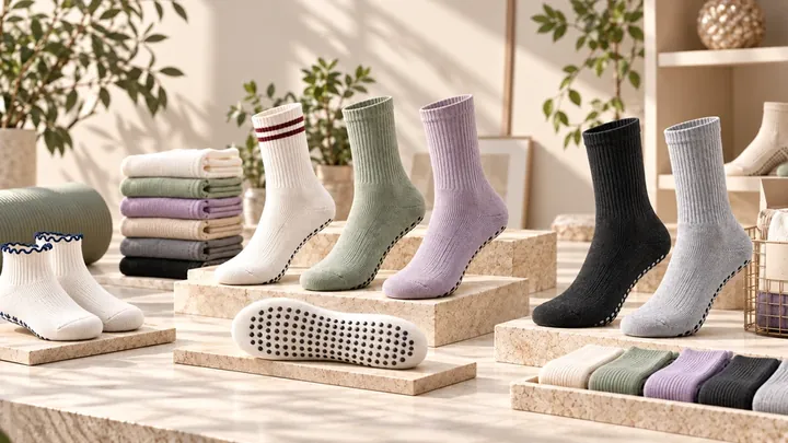 Multiple grip sock silhouettes and colours arranged in a premium product showroom