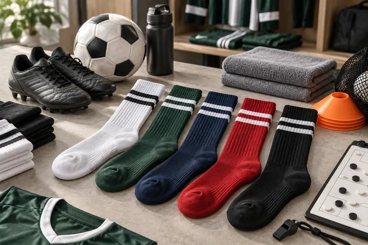 Team sports socks in five colours alongside football training equipment
