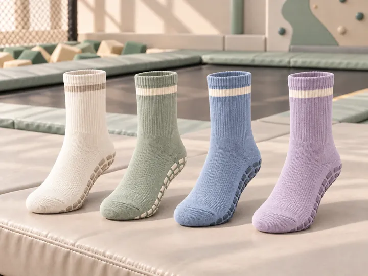 Trampoline grip socks with sole grip pattern displayed in an activity venue setting