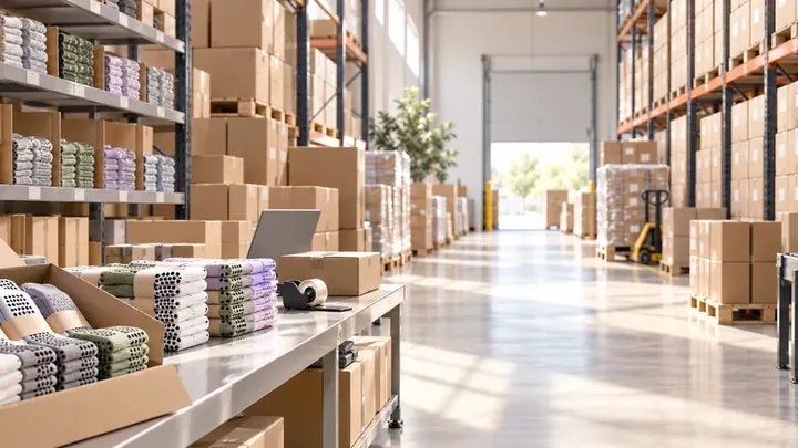 Organized warehouse and packing area for bulk sock order fulfillment